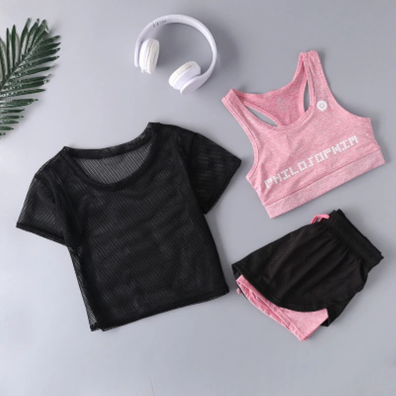 

Yoga clothing 3 piece set fitness sports suit running sports slim short sleeve shorts fake two shorts female exercise gym