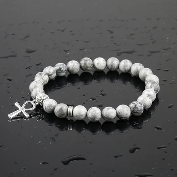 Egyptian Ankh Cross Natural Onyx Stone Bracelet Egypt Hieroglyphs Crux Ansata Amulet Gift