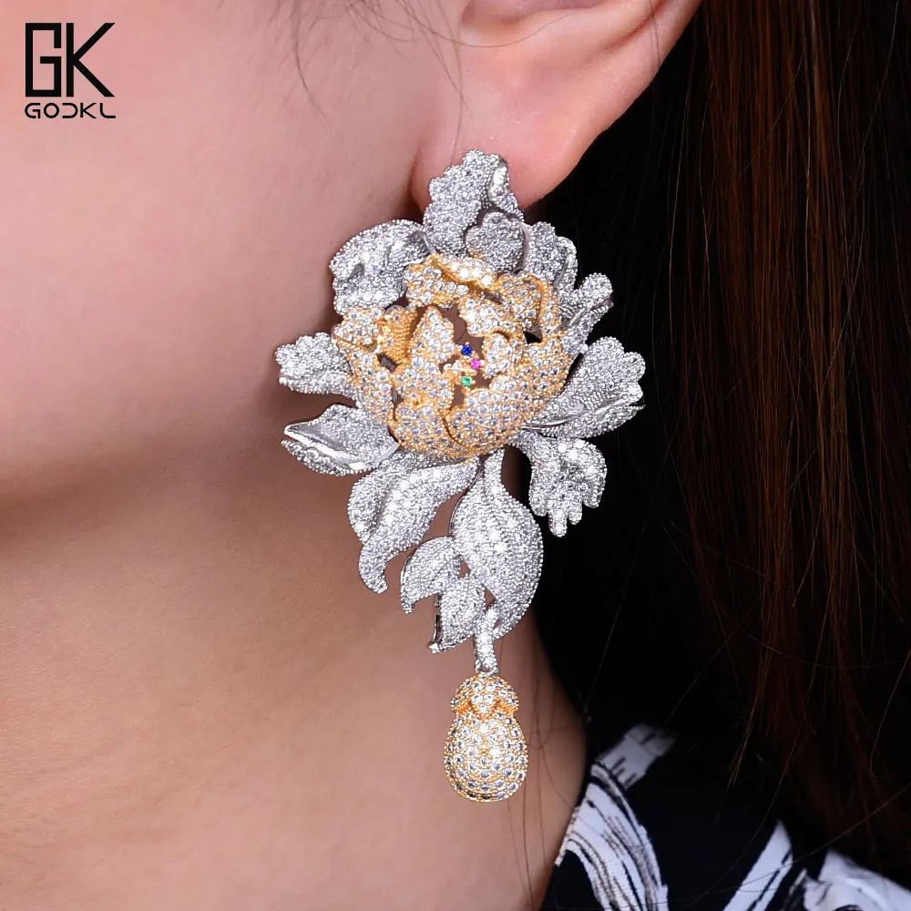 Ceny GODK 76mm luksusowe piwonia kwiat kwiat cyrkonia kobiety oświadczenie długi spadek kolczyk Wedding Party Bridal frędzlami biżuteria prezent