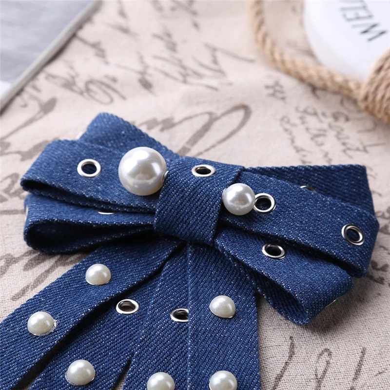 Модная Джинсовая ткань для женщин и девочек, блузка с бантом и жемчугом, брошь с галстуком, украшение на шею, простые аксессуары