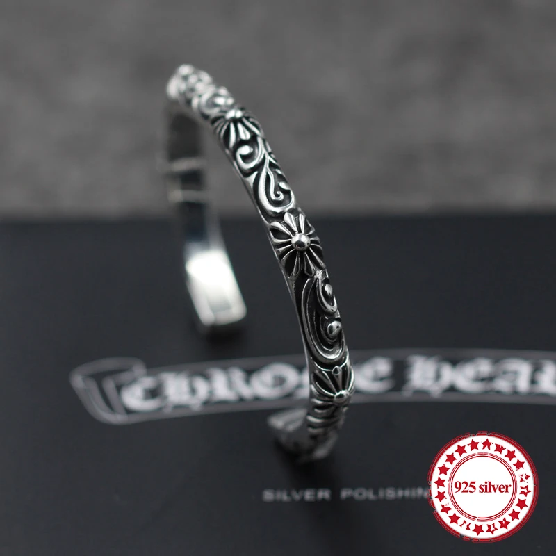 

S925 sterling silver men's bracelet personality retro domineering fashion punk style hip-hop cross flower shape gift to Bangles