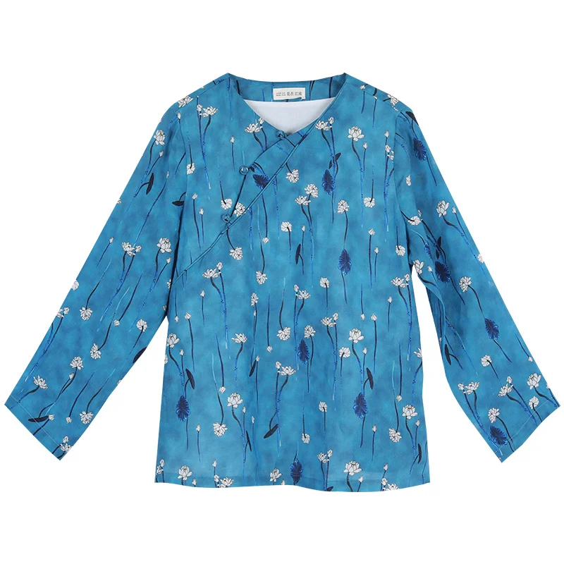 LZJN 2019 New Chinese Vintage Ethnic Cheongsam Linen Tops Women's Flax Blouse Long Sleeve Lotus Flower Print Shirts  (3)