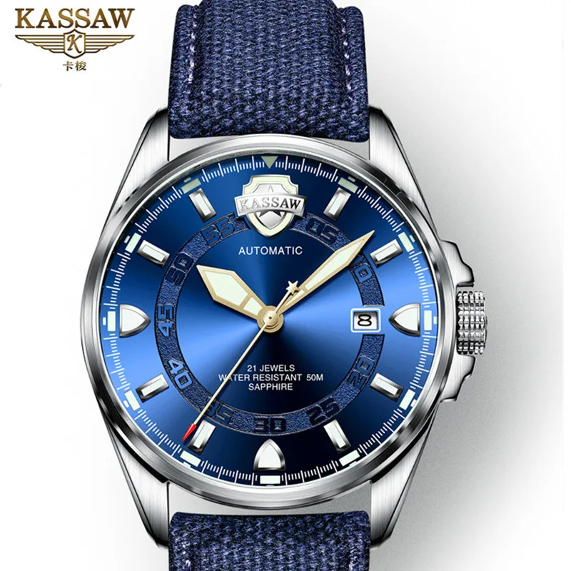 KASSAW Luminous military watch men leather automatic mechanical watch men's luxury brand sports Man Watches relogio masculino