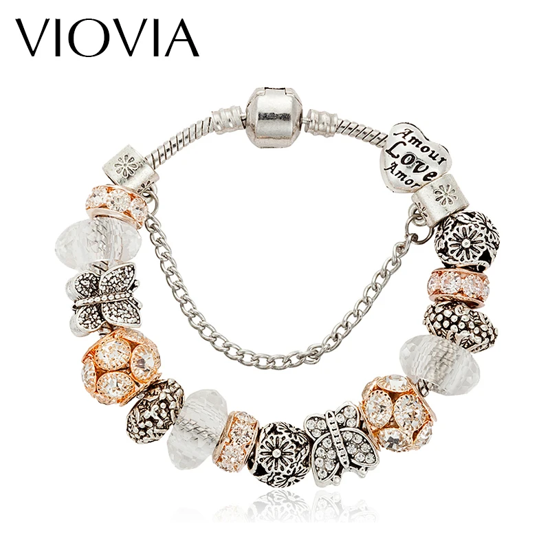 

VIOVIA 2019 Jewelry European Butterfly Charm Bracelets For Women Silver Chain Bracelets & Bangles DIY Jewelry Pulseras DB16022