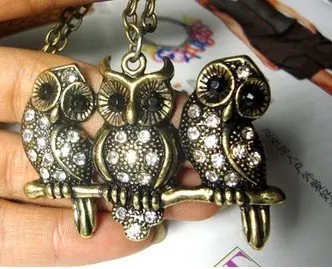 

2013 New Arrival Bronze Three Owl Rhinestone Pendant Necklace N375