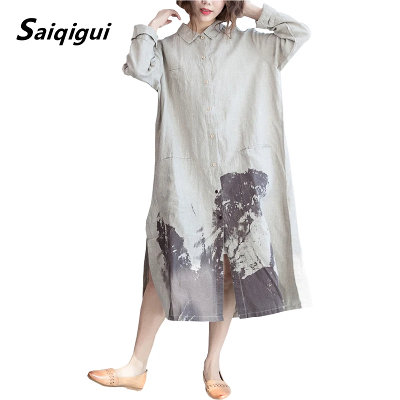 

Saiqigui fashion 2019 spring autumn dress large size Vintage Korea women dress casual Loose Pockets cotton Linen dress vestidos
