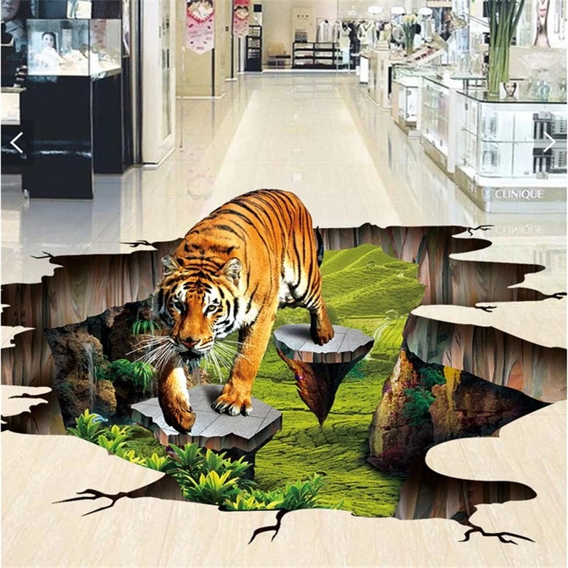 

beibehang Custom photo 3d flooring mural wall sticker Tiger outdoors to draw painting pvc self adhesive wallpaper for walls 3 D