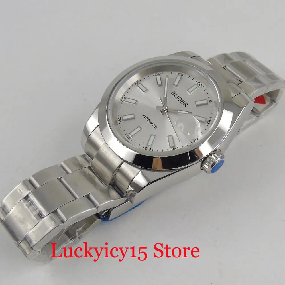  BLIGER Luxury 40mm Silver Dial Polished Watch Case Sapphire Glass Mechanical Wristwatch Auto Date