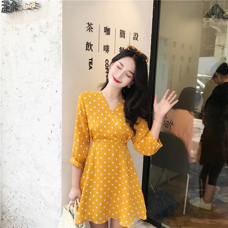 women mustard yellow polka dot dress 