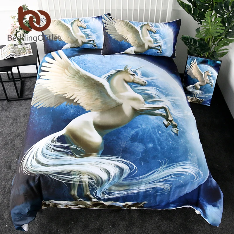 

BeddingOutlet Kids Bedding Set Flying Unicorn with Wings Duvet Cover Blue Moon Home Textiles Horse and Planet Bedclothes 3pcs