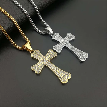 

Men Women Iced Out Cross Pendant Gold Silver Stainless Steel Rhinestons Cross Pendants Necklace Chain Fashion Hip Hop Jewelry