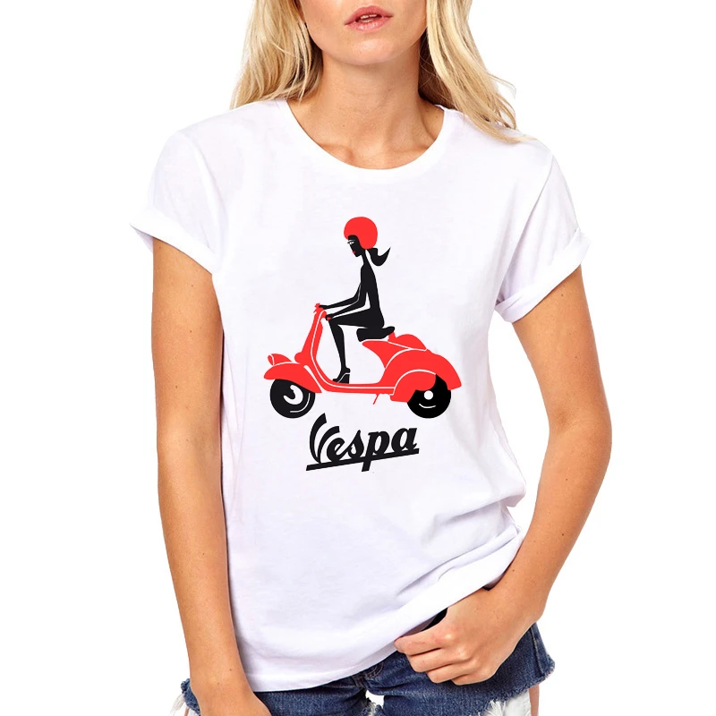 Vespa девушка всадники женская футболка Женская мода мультфильм Мотоциклы Скутеры печати футболки летние топы футболки подарки дропшиппинг