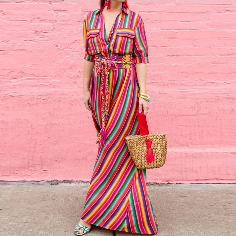 bohemia striped shirt maxi dress