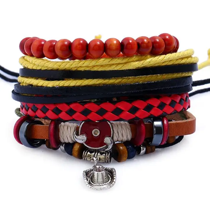 

Fashion Hippie Hat Beads Charm Bracelets Set Cowgirl Multilayer Braided Leather Rope Bangle Wrap Wristbands Vintage Jewelry Gift