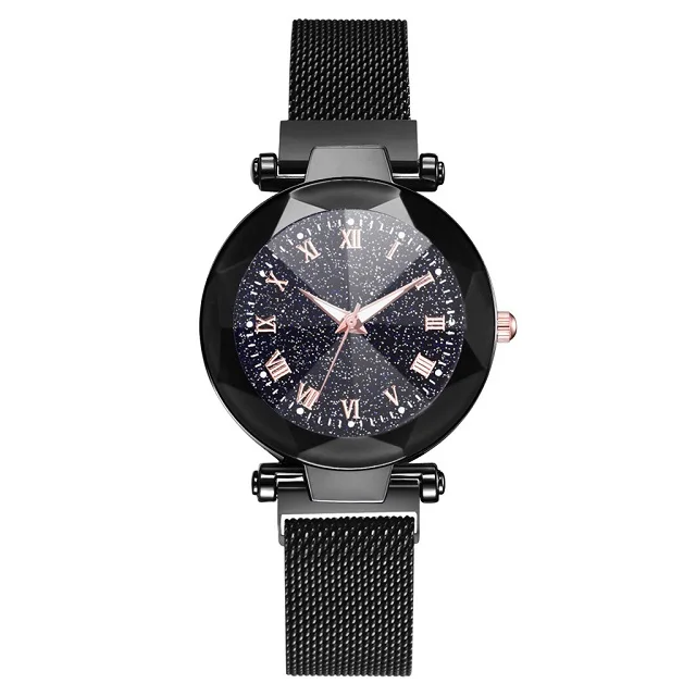 Черный Reloj Mujer Женская мода Звездное небо часы для женщин платье Магнит пряжка сетка кварцевые часы с ремешком женские часы - Цвет: Черный