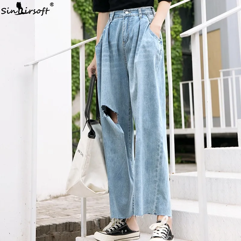 High Waist Jeans Wide Leg Pants Women Hole Ripped Casual Loose Denim Pants Femme Fashion Cool Blue Trousers Summer New