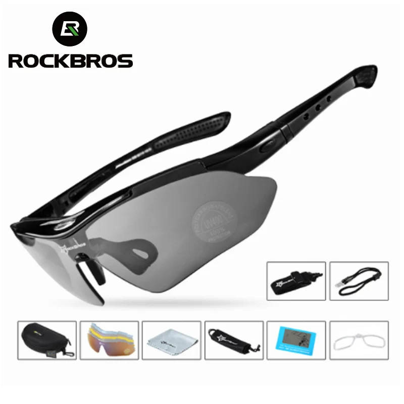 Спортивные очки RockBros для рыбалки, поляризационные очки, спортивные солнцезащитные очки, уличные солнцезащитные очки TR90, очки с 5 линзами - Цвет: Черный