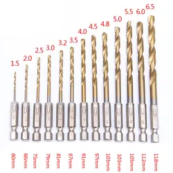 13 шт. HSS высокая скорость сталь титановое покрытие сверло набор 1/4 шестигранный хвостовик 1,5-6,5 винтовое сверло Деревообработка