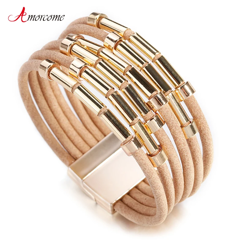 

Amorcome Metal Charm Leather Bracelets for Women 2019 Fashion Jewelry Ladies Wide Mulitlayer Wrap Bracelet Femme Girlfriend Gift