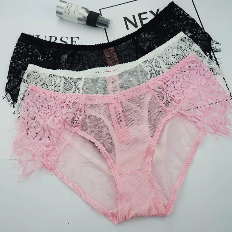 Women European Sexy Briefs Eyelash Lace Lovely Dot Mesh Transparent