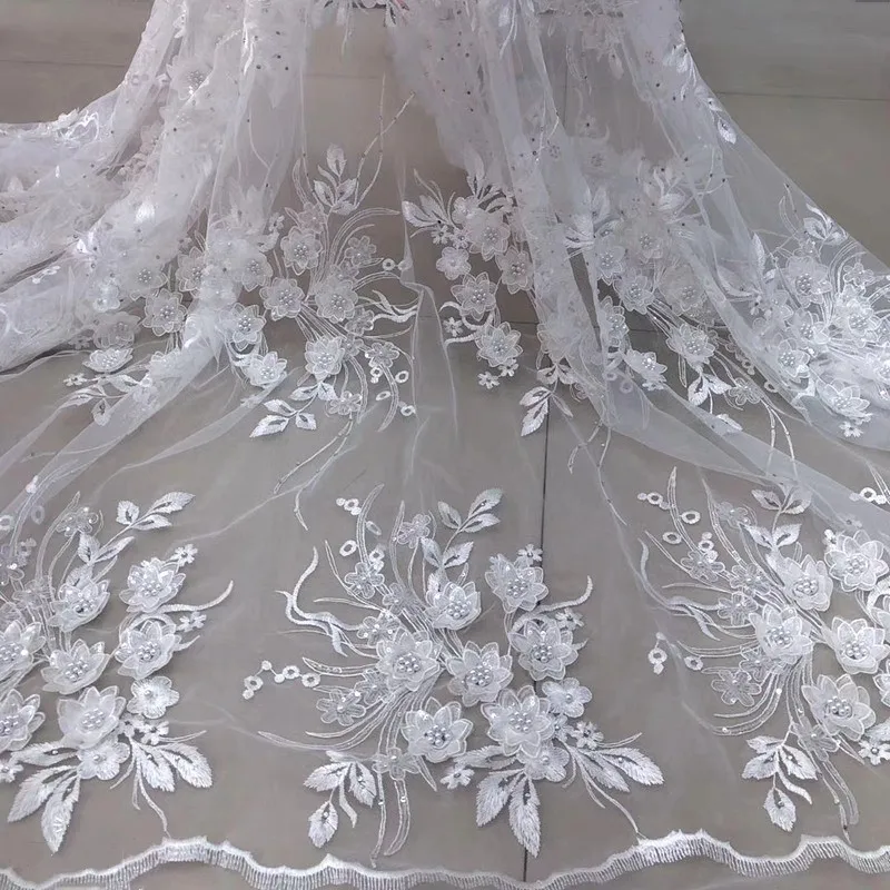 

luxury white 3D floral embroidered Sequins French Lace Fabric with beads African Nigerian Lace Fabric For Wedding RG714