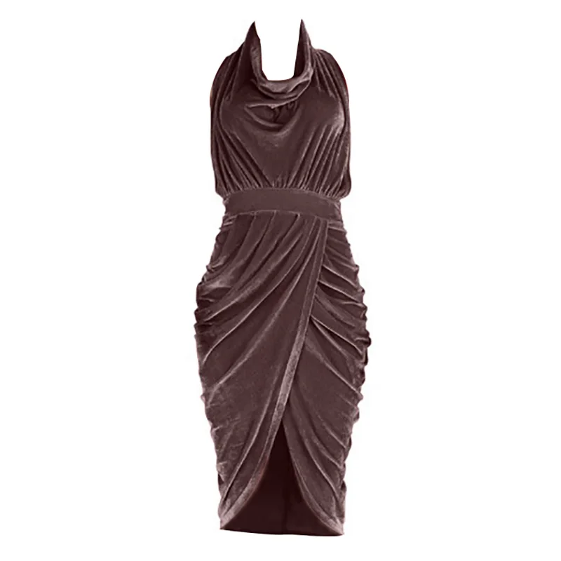 ShejoinSheenjoy Halter Sleeveless Autumn Dress Wrapped Split Backless Fold Sexy Women Dress Velvet Midi Party Dresses Clothing (6)