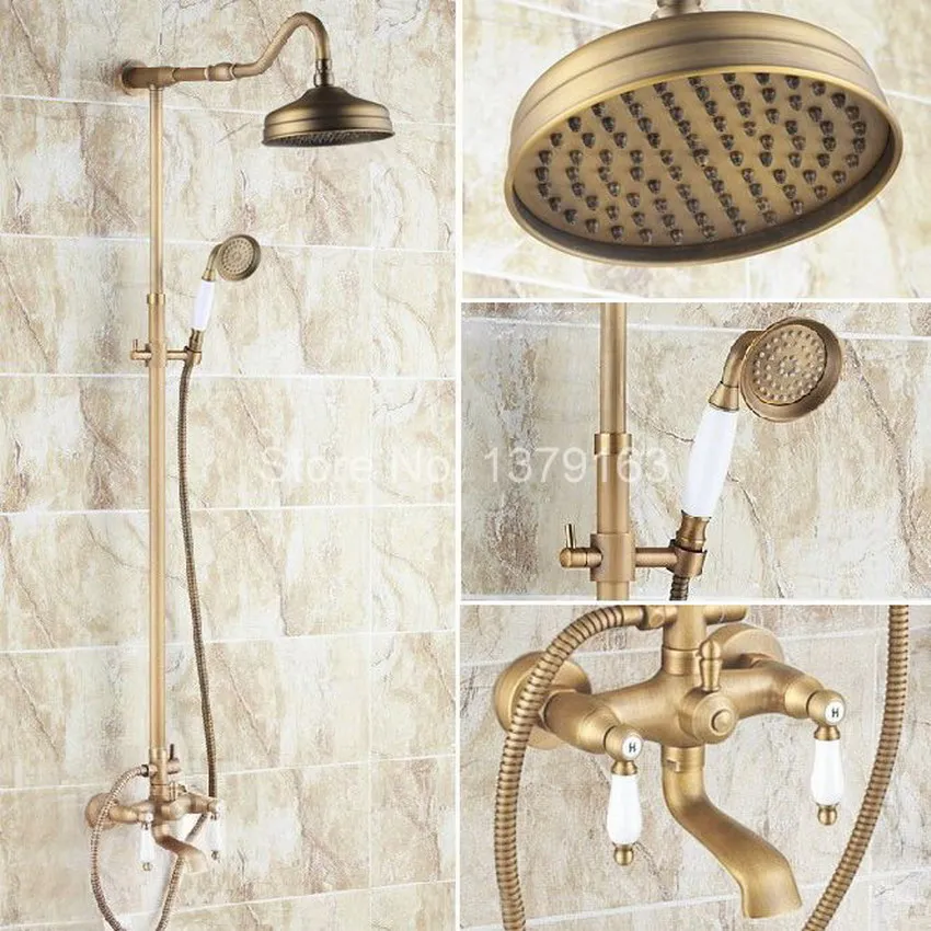 

Antique Brass Two Ceramic Handle Bathroom Rain Shower Faucet Set Tub Mixer Tap + 8" Round Rain Shower Head + Handshower ars116