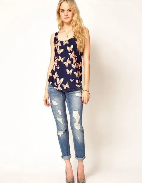 

2019New Fashion Summer Beach Women Butterfly Print Top Sexy Vest Chiffon Floral Blouse Sleeveless Party Loose Tops Ladies Female