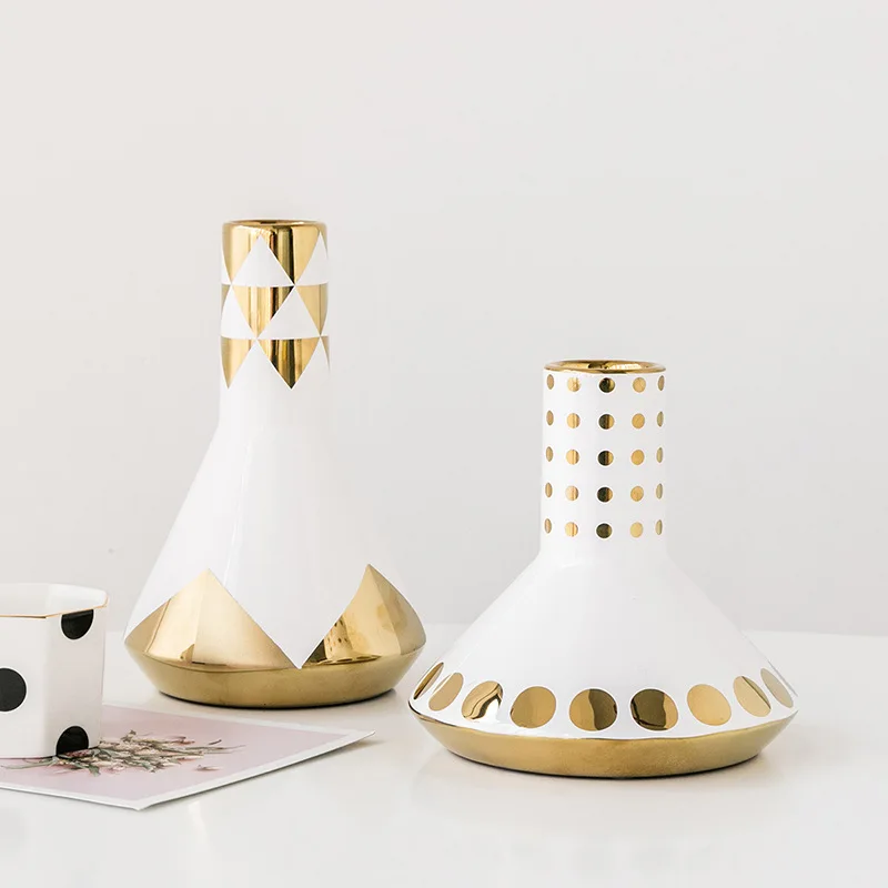 

Nordic Gold Geometric Vase Decoration Home Ceramic Table Ornaments For House Party Office Wedding Porcelain Flowers Vases Filler