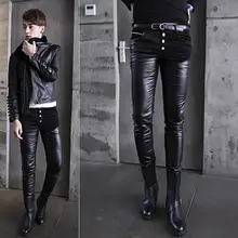 Осень Зима Тонкий сращивания Личность Модные мотоциклетные брюки из искусственной кожи мужские Облегающие штаны из искусственной кожи брюки для мужчин плюс бархатные теплые