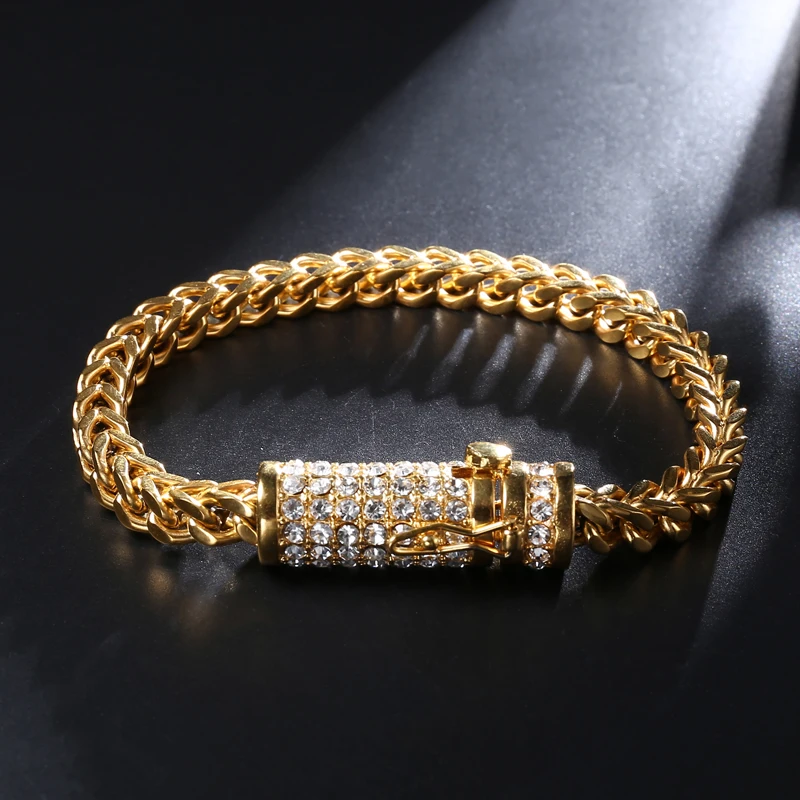 

Hip Hop Rapper Bracelet Bling Iced Out Rhinestone Clasp Gold Silver Stainless Steel Franco Cuban Box Link Chain Bracelet Jewelry