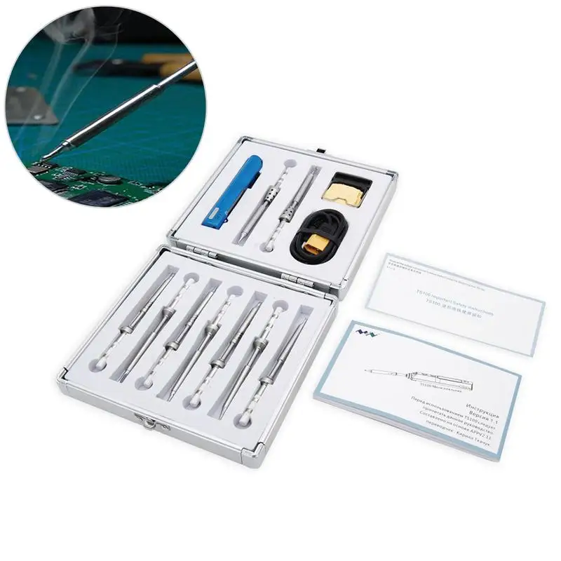 

Hot Gemstone Blue Intelligent Programmable TS100 Mini Electric Iron Set With 9 Heads Holder XT60 Adapter Cable