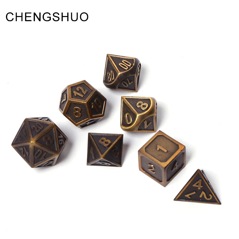 

Chengshuo rpg polyhedral metal dice set dungeons and dragons tabletop game digital zinc alloy dices dados 7pcs d4 10 12 20 brass