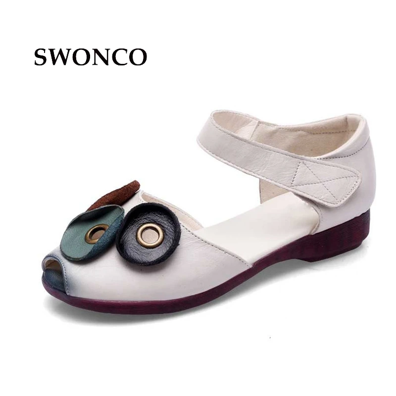 

SWONCO Women's Sandals 2018 Summer Genuine Leather Handmade Ladies Shoes Women Sandals Flat Casual Shoes Peep Toe Shoe