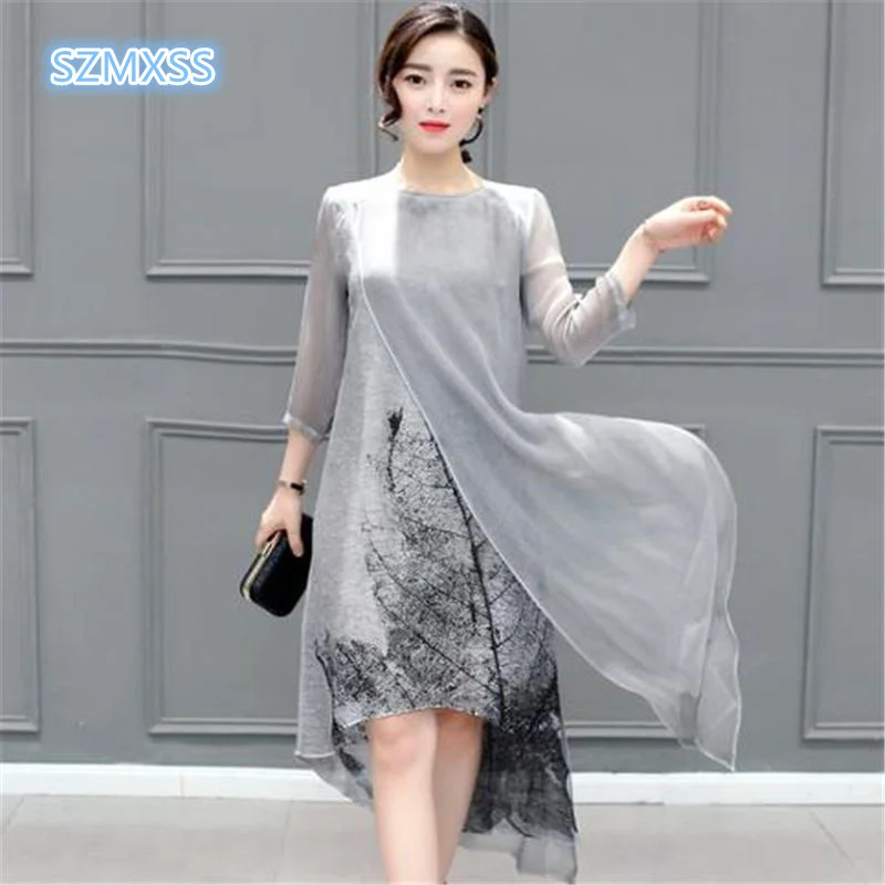 

SZMXSS New Fashion 2018 Women's Loose Casual Spring Summer Dress Silk Cotton Linen Gray Long Big Size Dresses Female Vestidos