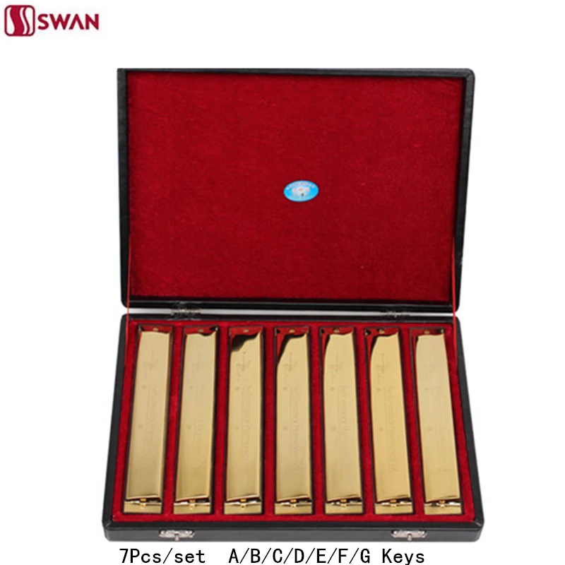 7Pcs set Swan Harmonica 24 Hole Golden color Tremolo Harp with Gift font b Box b