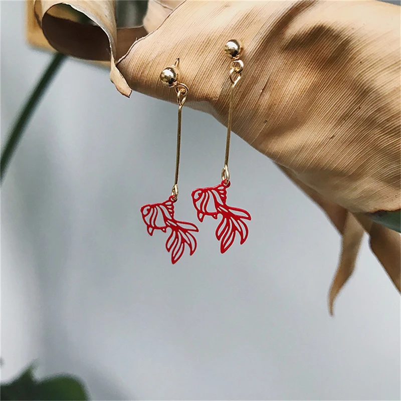 

New Year Gift Lucky Red Carved Fish Dangle Earrings For Women Girl's Vintage Gold Animal Earring Jewelry Gift