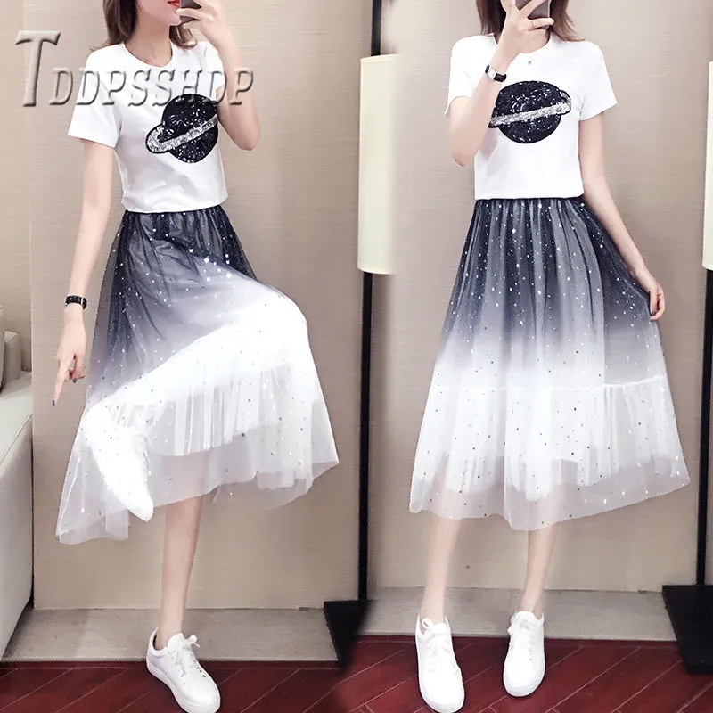 

2019 Summer Women Sets Planet T Shirt and Pleated Skirt Female Sets
