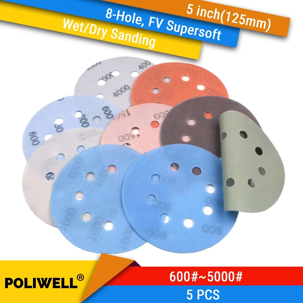 

5PCS 5 Inch(125mm) 8-Hole FV Superfine Wet/Dry Hook & Loop Auto Body Film Sanding Discs Paint Abrasive Sandpaper, 400#-5000#