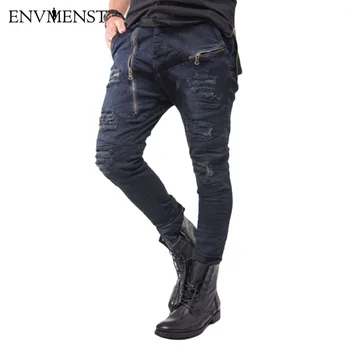 

2017 Envmenst Brand Designed Fashion men's motorcycle Zipper jeans male slim straight zipper vintage punk retro finishing