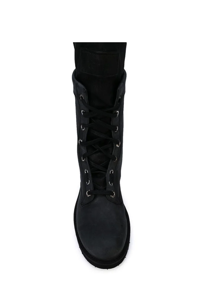 INS/модные дизайнерские женские ботинки Черная Кожаная обувь на плоской подошве женские ботинки до середины икры мотоциклетные ботинки с перекрестной шнуровкой Mujer invierno