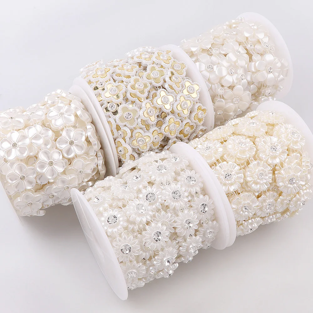 

1 Roll ABS Flower Series With Rhinestone Beads Pearl Chain Appliques Garment Chain For Wedding Dress Crafts Jewelry Decor