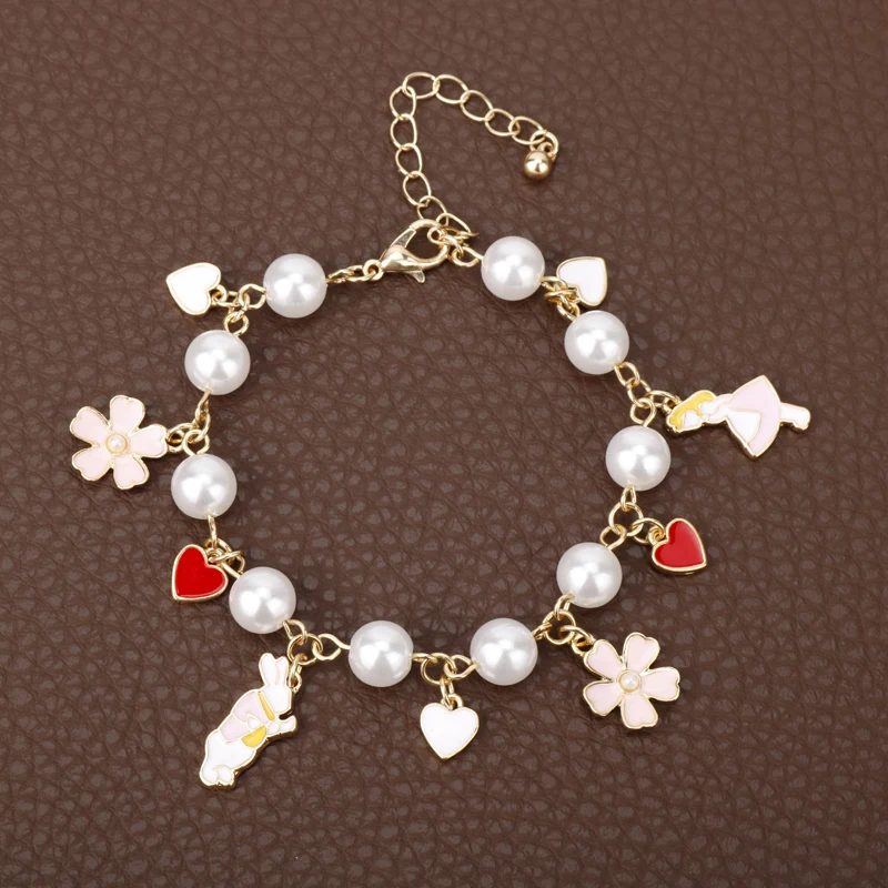 

MQCHUN Alice in Wonderland Charm Bracelets Bangles Fairy Tale Story Rabbit Heart Flower Bracelet Imitation Pearls Chain Bracelet