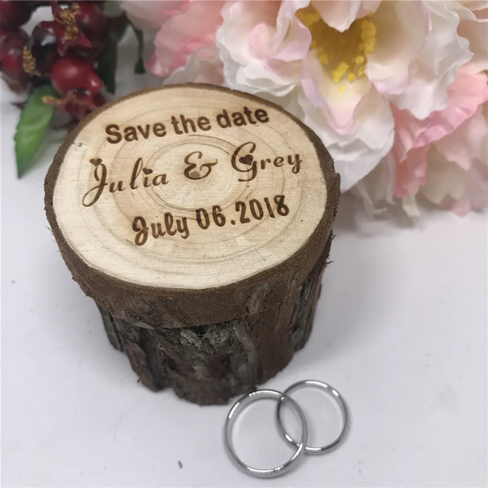 Rustic Wedding Ring Bearer Box, Personalized Names Date Wooden Ring