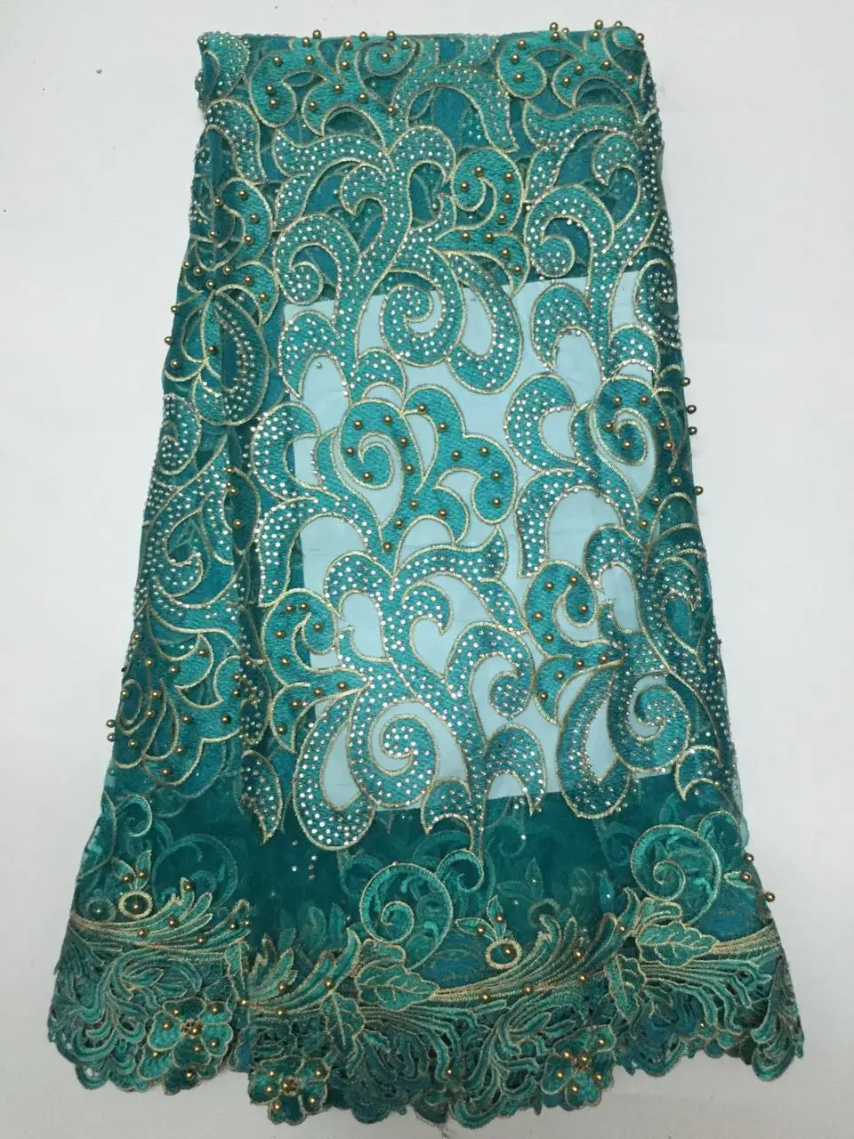 New Fashion Teal Lace Beaded Tulle Fabric, Net Embroidery Fabric For Wedding Dress, African Lace