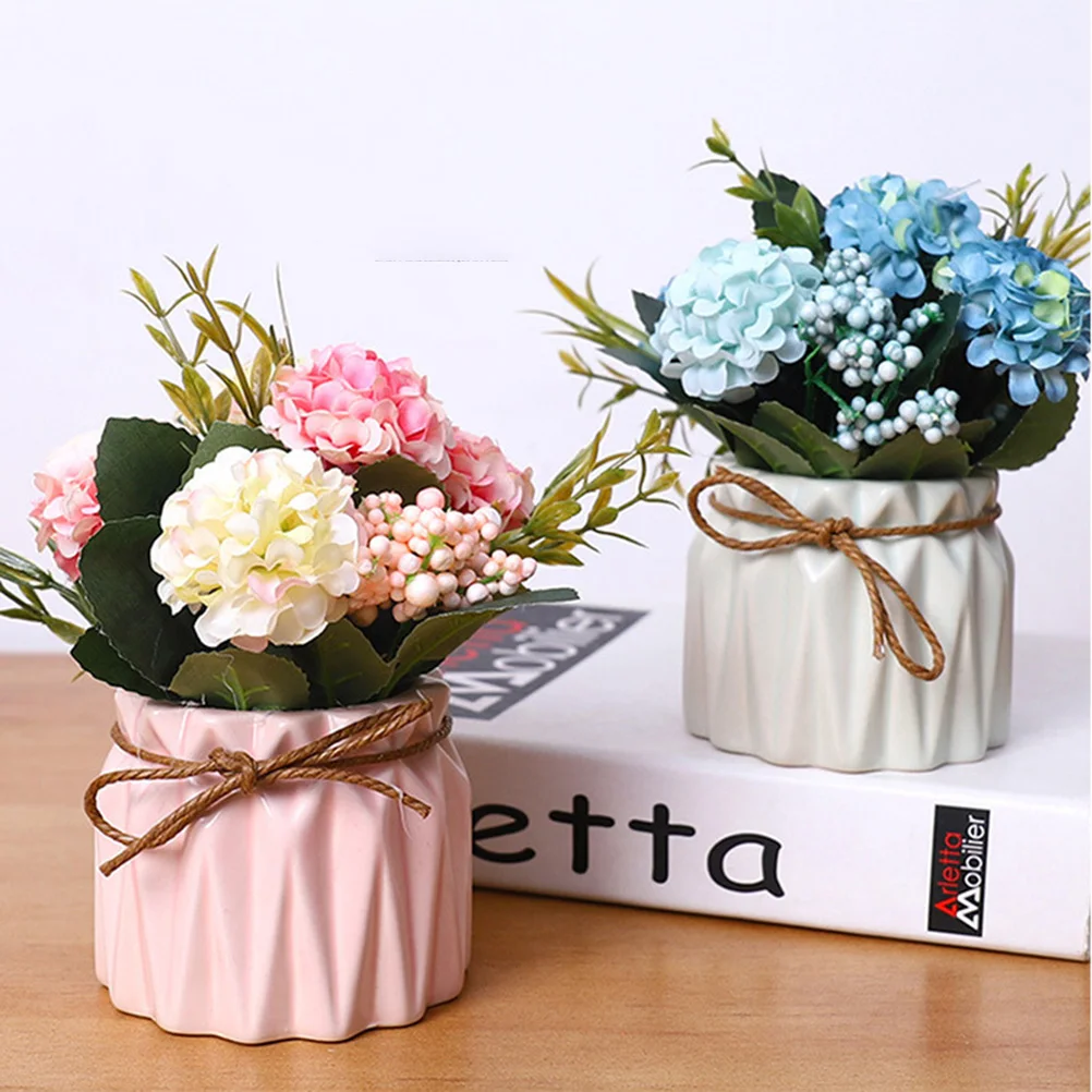 

Plastic Fake Rose Faux Green Grass Simulation Artificial Flowers Plants with Pots for Home Decor