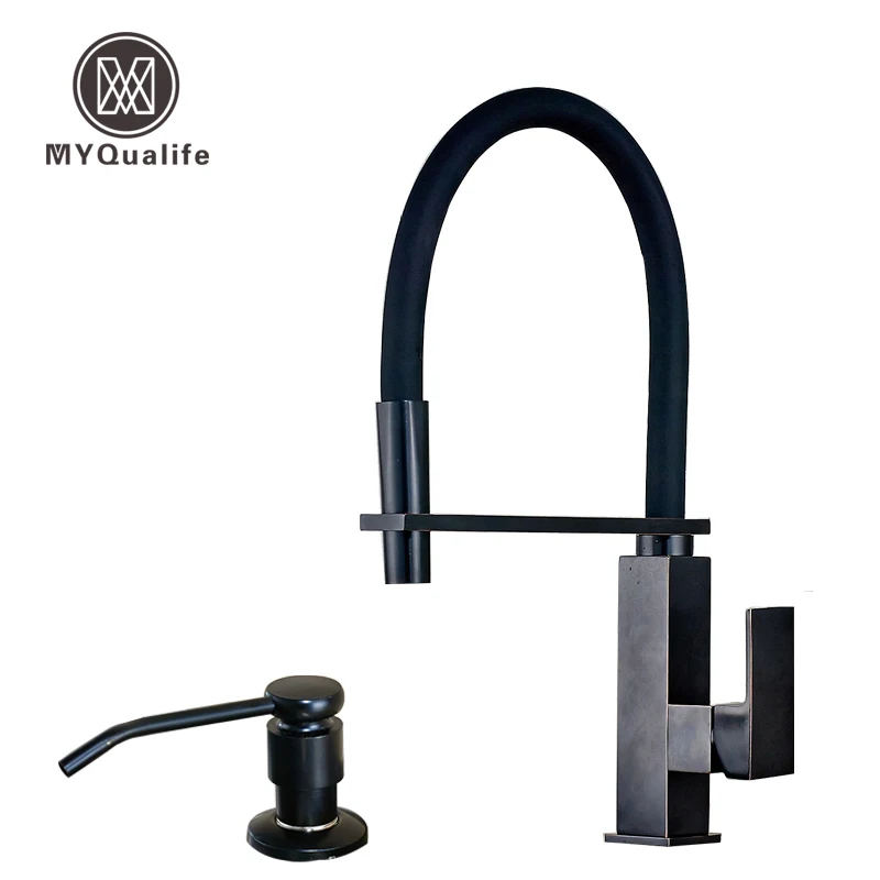 

Oil Rubbed Bronze Square Kitchen Faucet with Bracket Bar Deck Mounted One Hole Hot and Cold Mixer Taps + Soap Dispenser