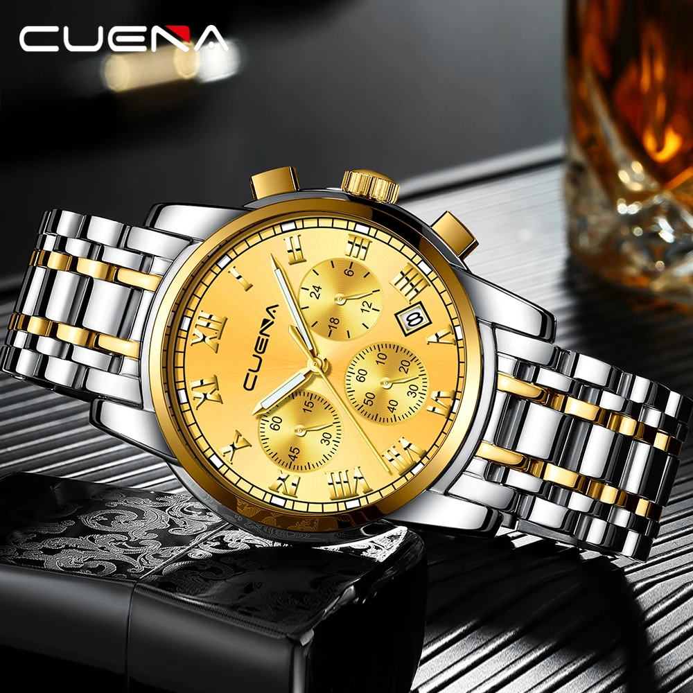 

CUENA 2018 Men Watches Golden Roman Numerals Dial Top Brand Luxury Quartz Wrist Watches Calendar Working Small Sub-dials Clock