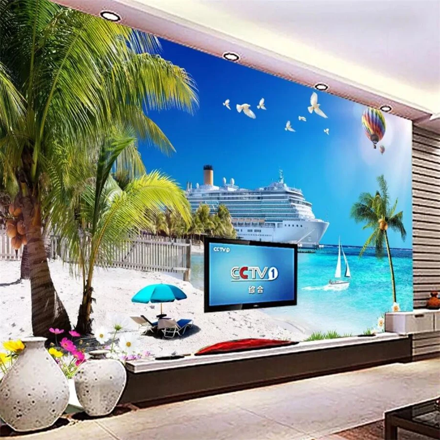 Us 885 41 Offbeibehang Wallpaper Kustom 3d Mural Pemandangan Tepi Laut Pantai Pohon Kelapa Laut Tv Latar Belakang Dinding Ruang Tamu Wallpaper