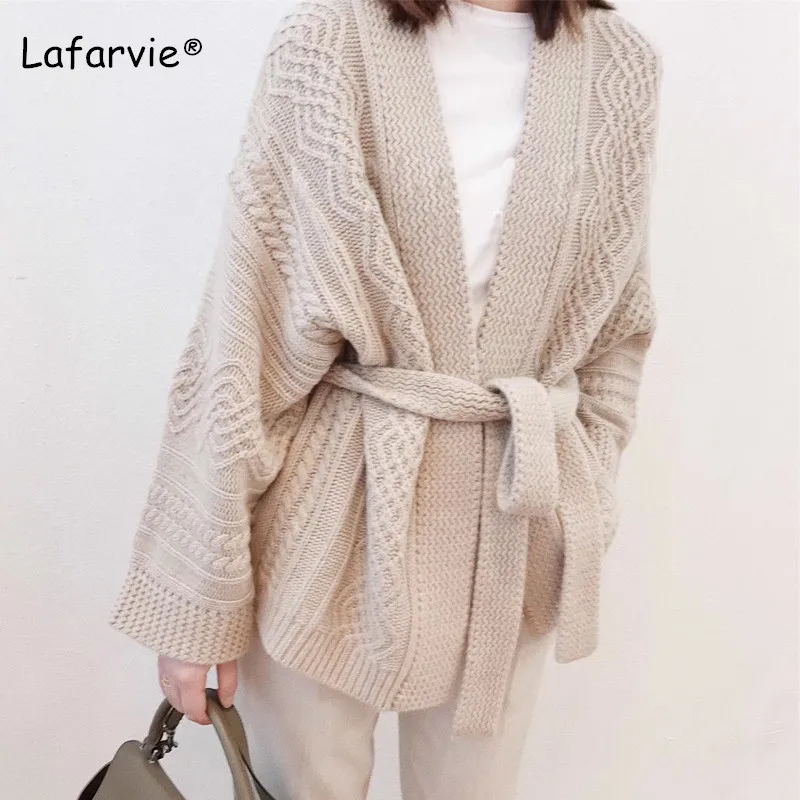 

Lafarvie Autumn Winter Cashmere Blended Knitted Sweater Cardigan Women Tops Long Sleeve Sashes Thick Warm Open Stitch Sweater